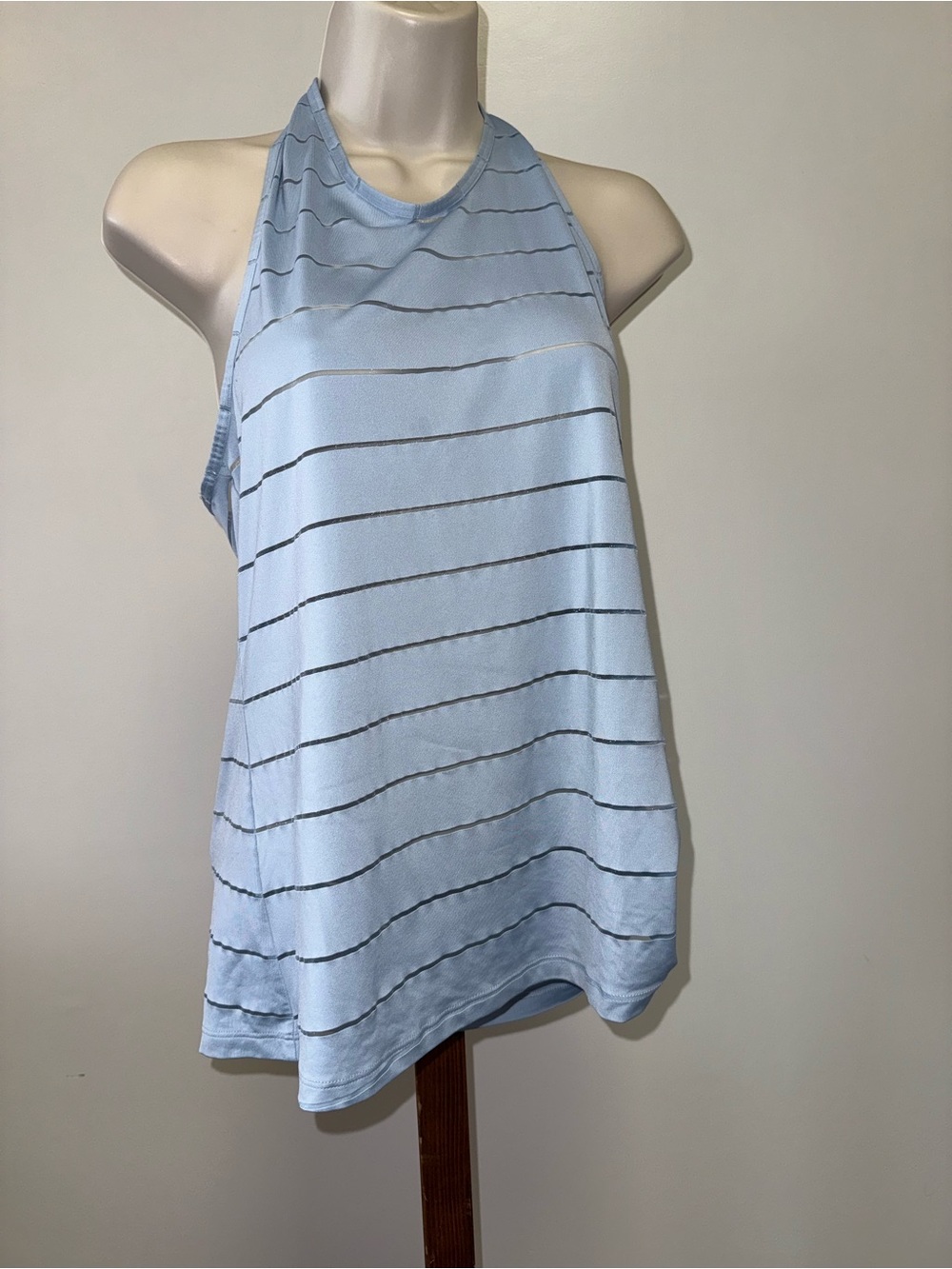 Athleta (Medium) Blue with See Thru Stripes Racerback Open Back Tank Top
